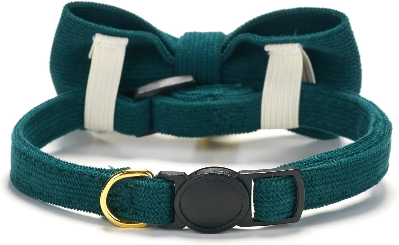 2 Pack Soft Corduroy Cat Collars with Bow Tie & Bell, Adjustable Breakaway Cotton Kitty Bowtie Collar for Boy Male Cats(Black & Green)