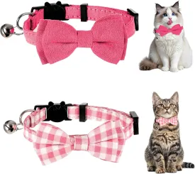 2 Pcs Cat Collar Breakaway with Bell Bowtie Cute Adjustable Breakaway Collars Safety Cotton Kitty Cat Bowtie Solid Color Plaid Pet Collar for Cats Puppy Kitten and Small Pets(Rose Red and Pink Plaid)