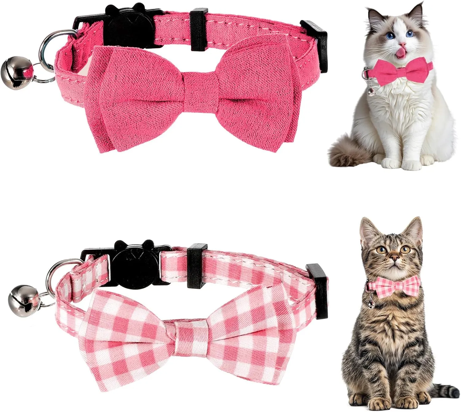 2 Pcs Cat Collar Breakaway with Bell Bowtie Cute Adjustable Breakaway Collars Safety Cotton Kitty Cat Bowtie Solid Color Plaid Pet Collar for Cats Puppy Kitten and Small Pets(Rose Red and Pink Plaid)