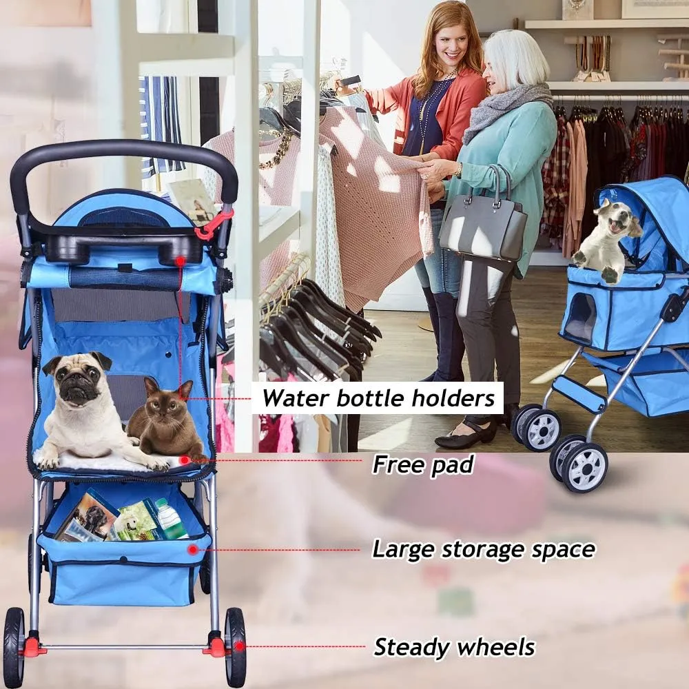 4 Wheels Pet Stroller Cat Dog Cage Stroller Travel Folding Carrier with Cup Holders and Removable Liner for Small-Medium Dog, Cat (Blue)