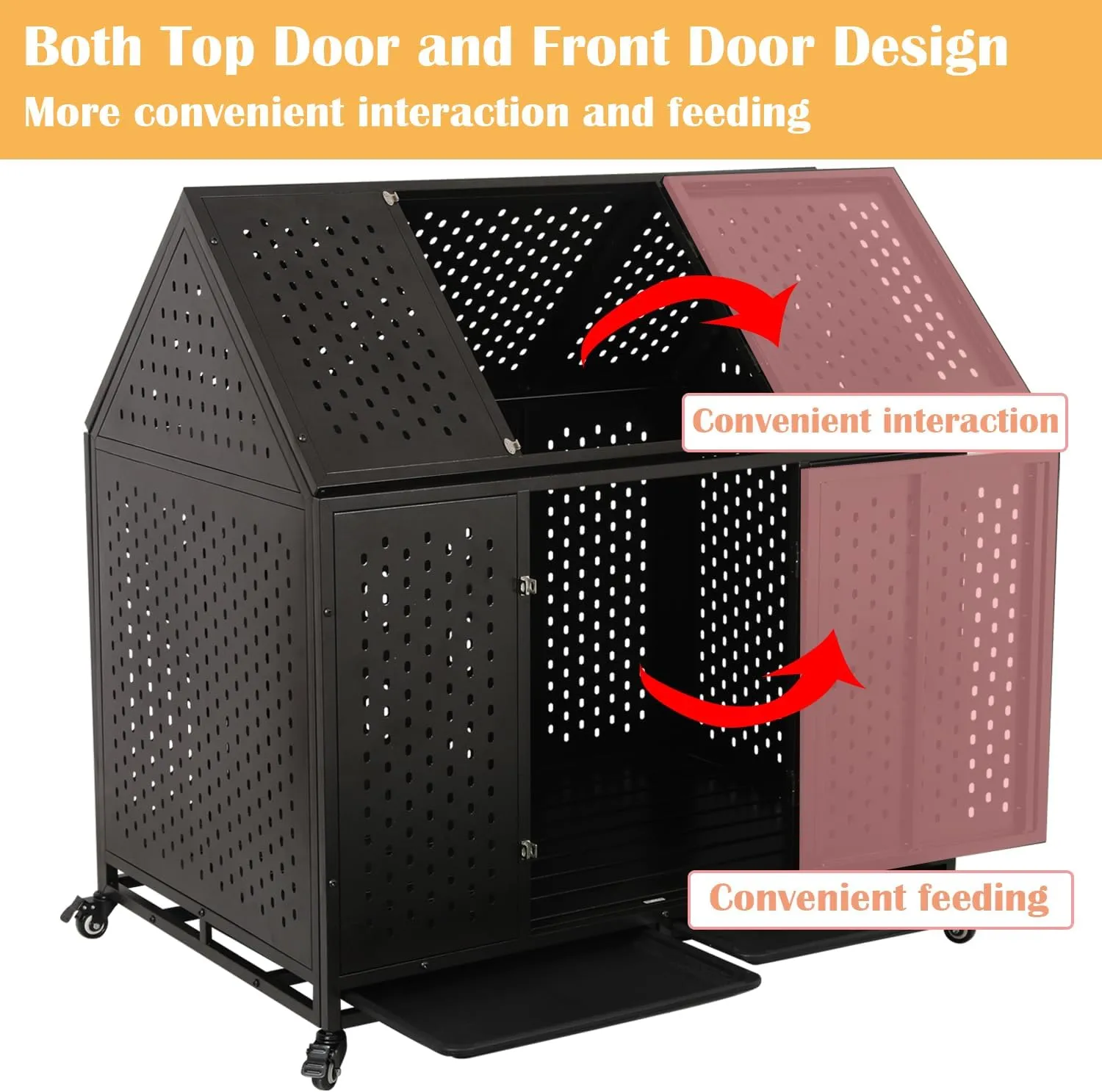 44'' Heavy Duty Indestructible Dog Crate with Wheels and Trays, Pointed Roof High Anxiety Steel Kennel, Strong Escape-Proof Chewproof Pet Cage Double Door Indoor for Large Medium Dogs, Easy Assembly