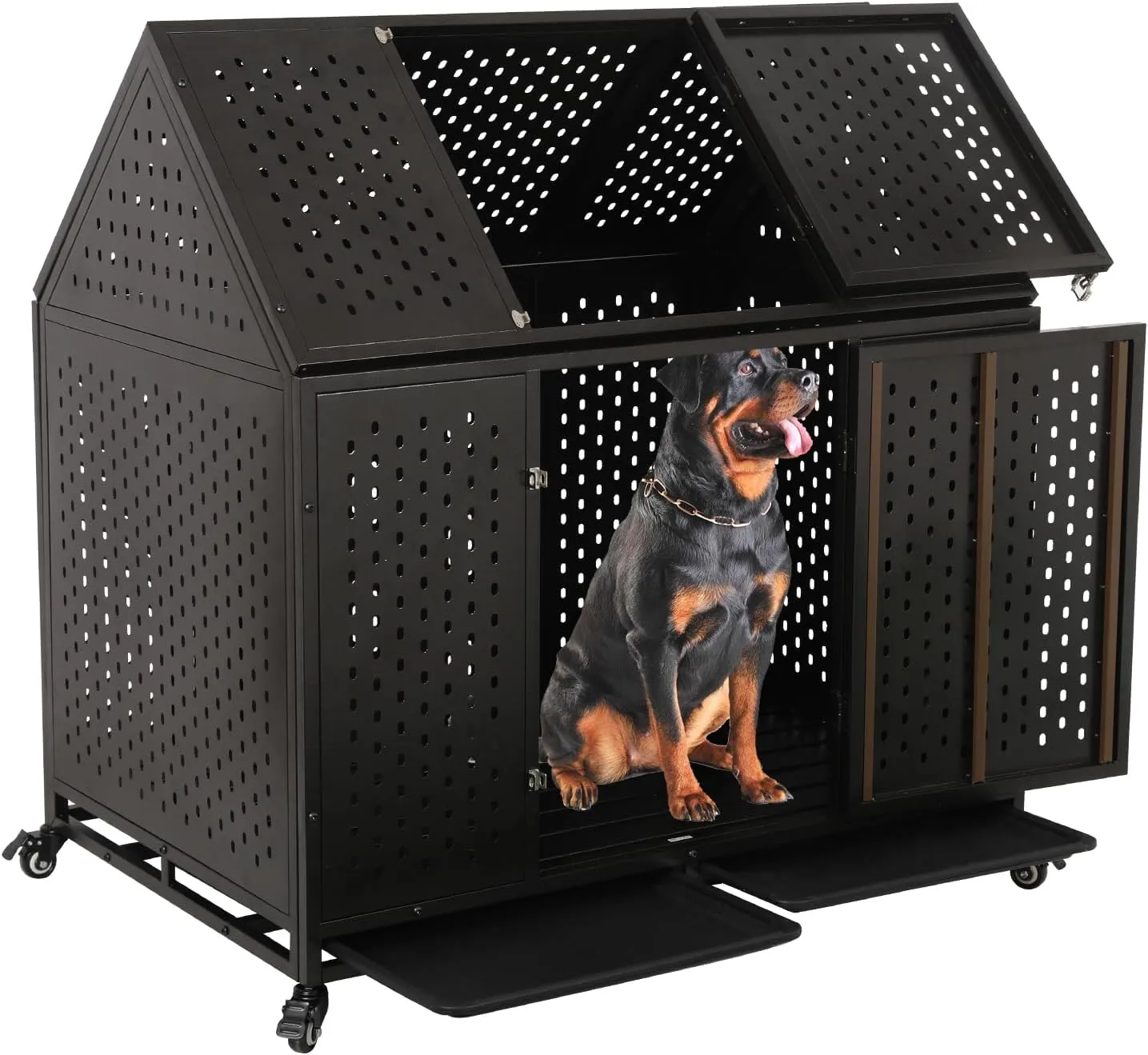 44'' Heavy Duty Indestructible Dog Crate with Wheels and Trays, Pointed Roof High Anxiety Steel Kennel, Strong Escape-Proof Chewproof Pet Cage Double Door Indoor for Large Medium Dogs, Easy Assembly
