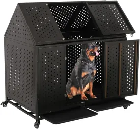 44'' Heavy Duty Indestructible Dog Crate with Wheels and Trays, Pointed Roof High Anxiety Steel Kennel, Strong Escape-Proof Chewproof Pet Cage Double Door Indoor for Large Medium Dogs, Easy Assembly