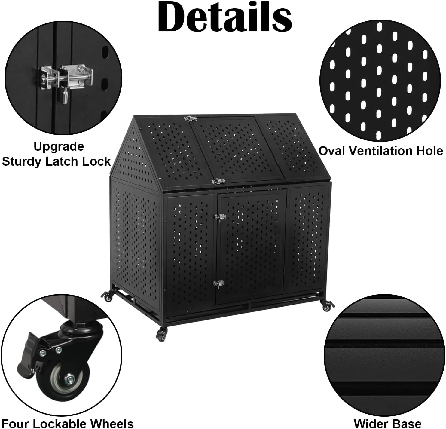 44'' Heavy Duty Indestructible Dog Crate with Wheels and Trays, Pointed Roof High Anxiety Steel Kennel, Strong Escape-Proof Chewproof Pet Cage Double Door Indoor for Large Medium Dogs, Easy Assembly