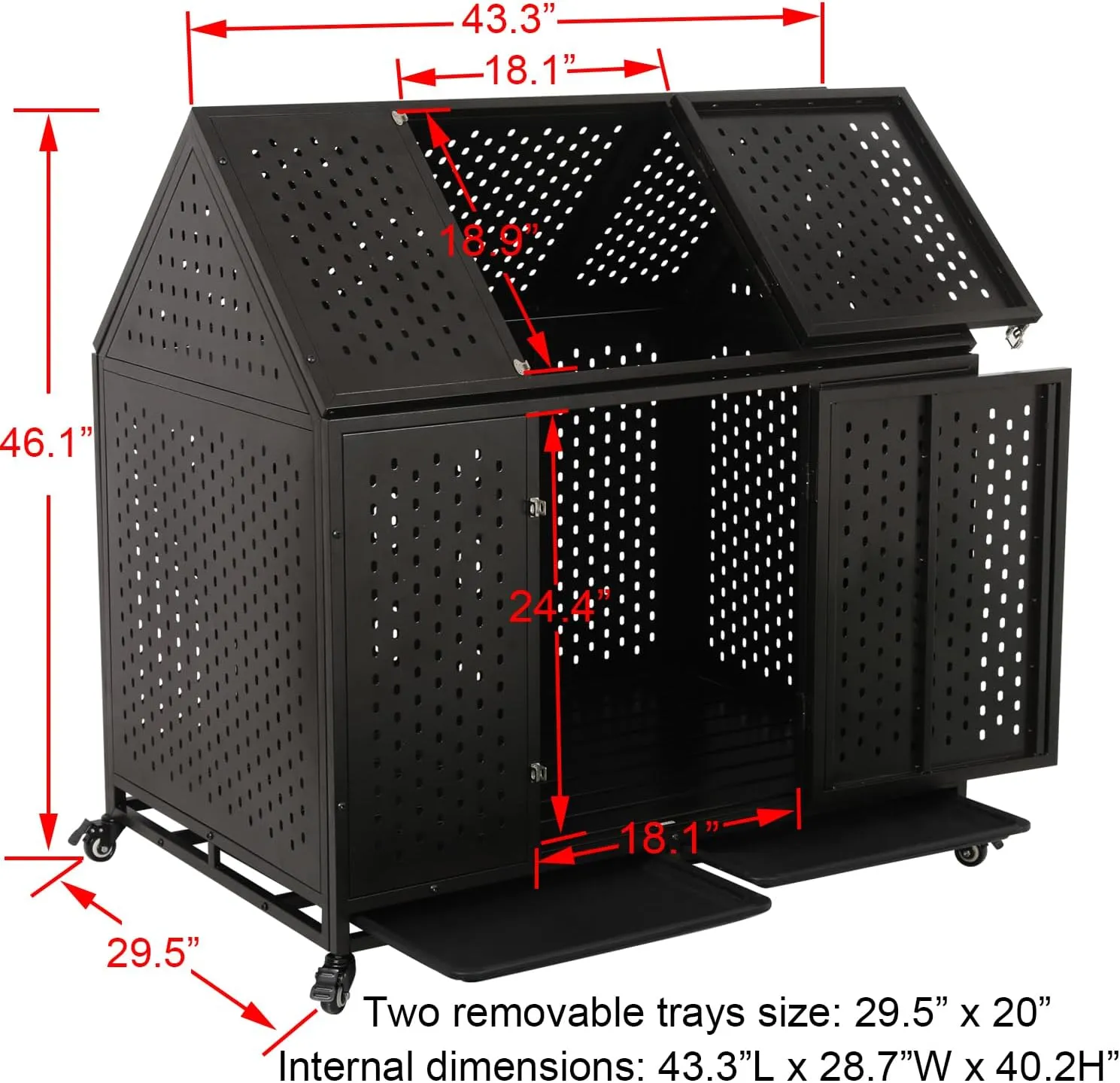 44'' Heavy Duty Indestructible Dog Crate with Wheels and Trays, Pointed Roof High Anxiety Steel Kennel, Strong Escape-Proof Chewproof Pet Cage Double Door Indoor for Large Medium Dogs, Easy Assembly