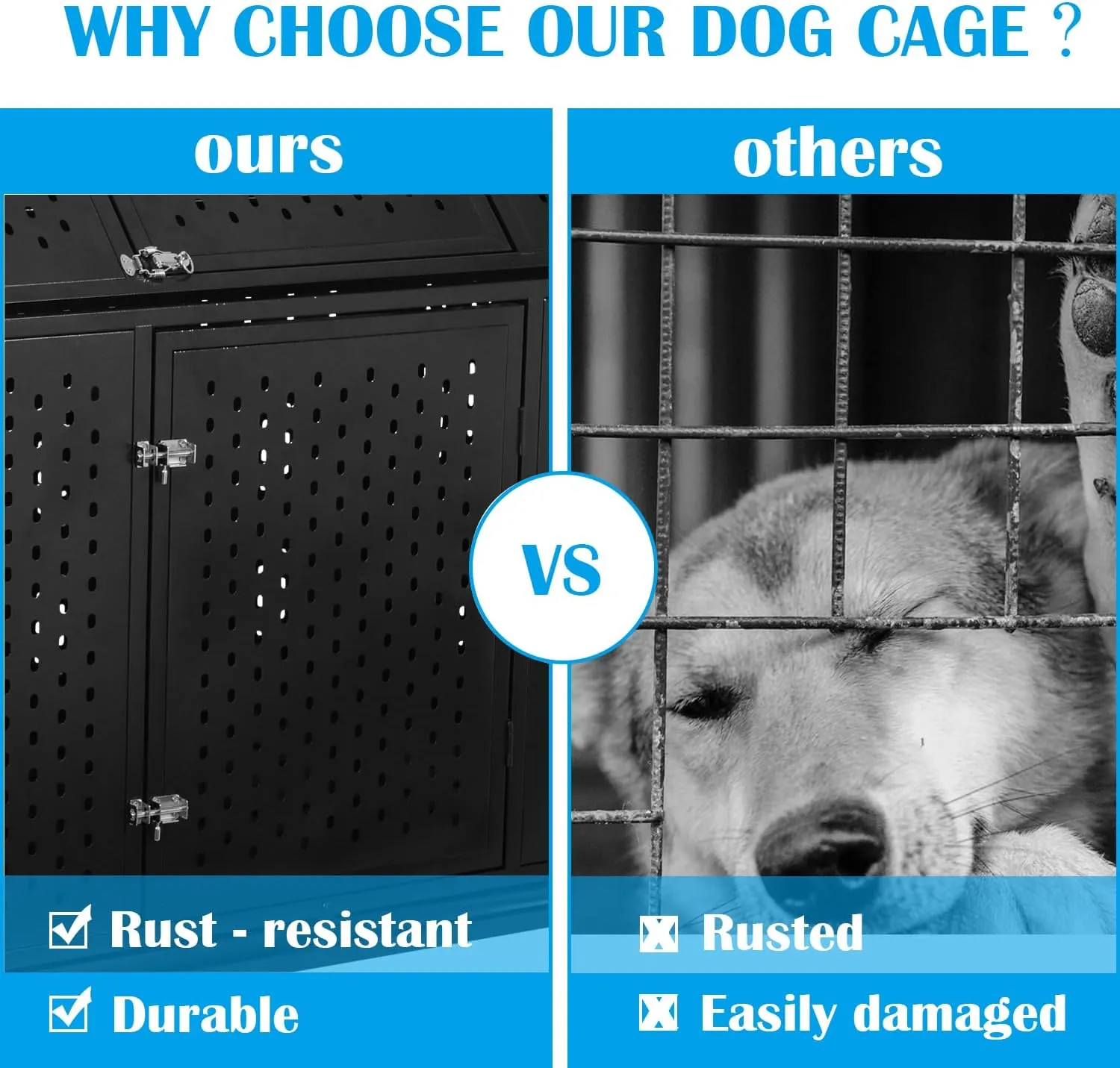 44'' Heavy Duty Indestructible Dog Crate with Wheels and Trays, Pointed Roof High Anxiety Steel Kennel, Strong Escape-Proof Chewproof Pet Cage Double Door Indoor for Large Medium Dogs, Easy Assembly