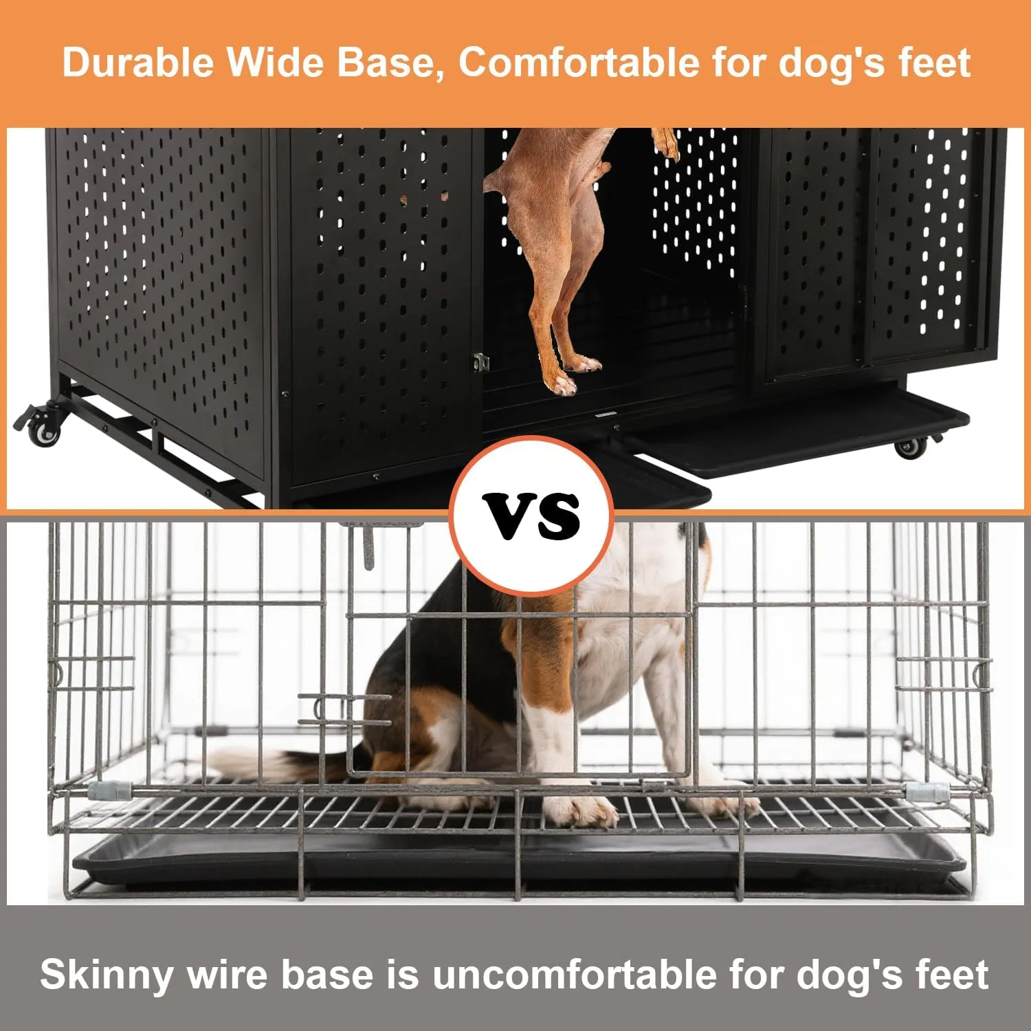 44'' Heavy Duty Indestructible Dog Crate with Wheels and Trays, Pointed Roof High Anxiety Steel Kennel, Strong Escape-Proof Chewproof Pet Cage Double Door Indoor for Large Medium Dogs, Easy Assembly