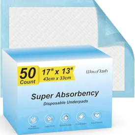 50 Count Super Absorbency Disposable Underpads, Leakproof Quick Drying Disposable Pads for Baby, Puppy and Adults, Disposable Changing Pads for Baby, Disposable Diaper Changing Pads, 17” x 13”