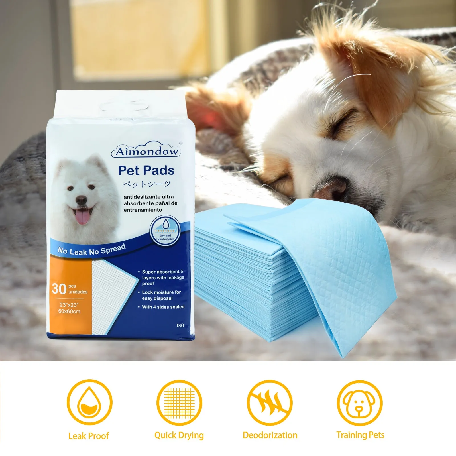 Aimondow Disposable Potty Puppy Pads for Dogs Cats Absorbent Pet Training Pads Quick Drying Dog Pee Pads, Leaking Proof, 23inch×23inch, 60 Count