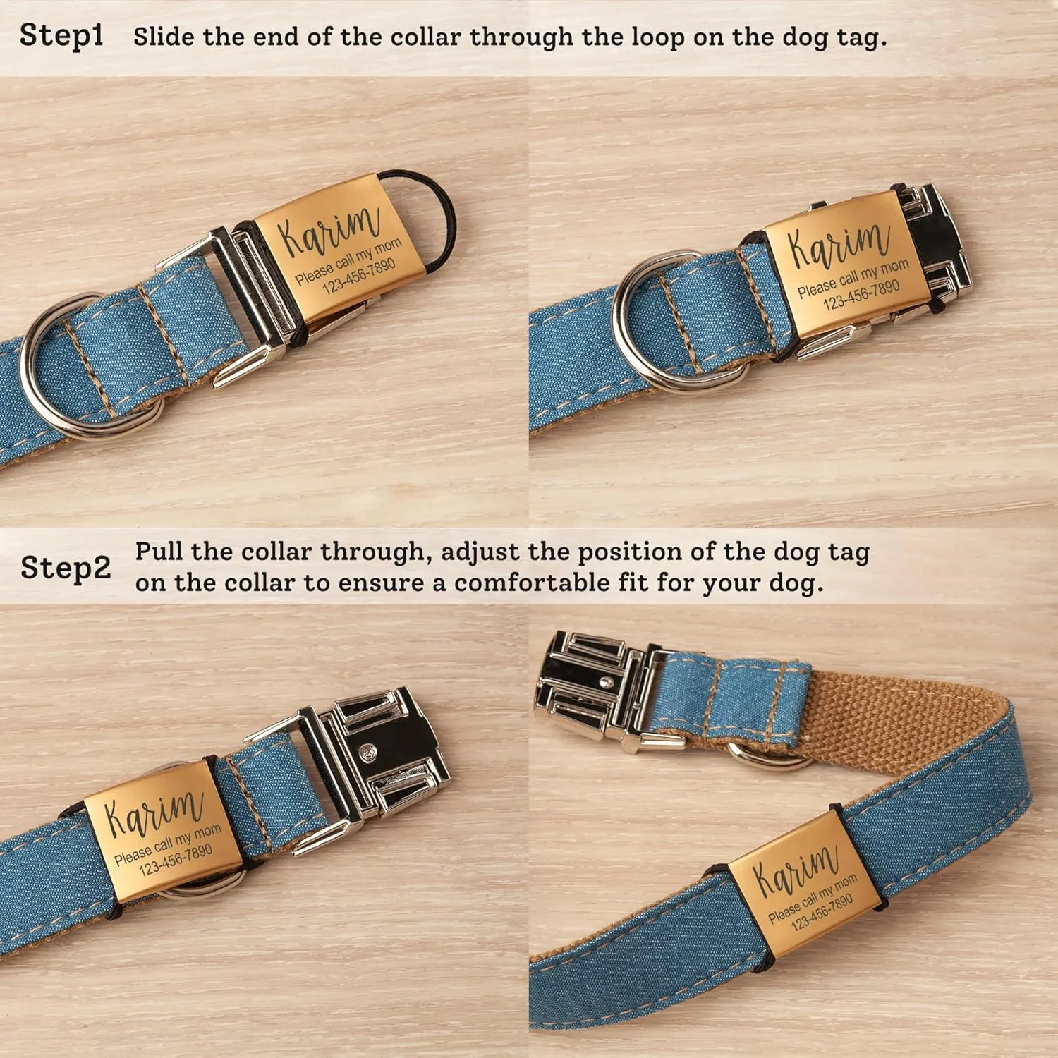 Anavia Slide On Silent Pet ID Tags, S/M/L/XL Personalized Stainless Steel Cat Dog Tag with Elastic Fabric Band, Engraved Nameplate Quiet Chew-Proof Pet Collar Tag (Black, X-Large)
