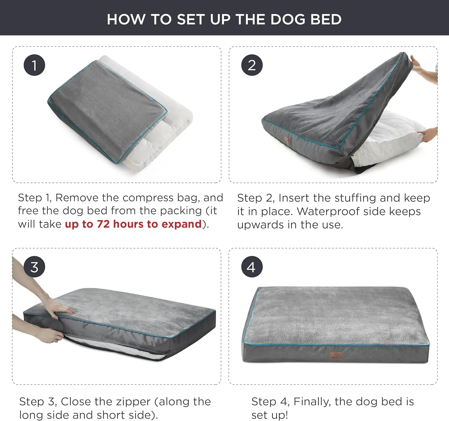 Bedsure Washable Dog Bed Medium Size Dog - 4 Inch Thicken Up to 45lbs Waterproof Pet Mat Pillows with Removable Washable Cover, Grey