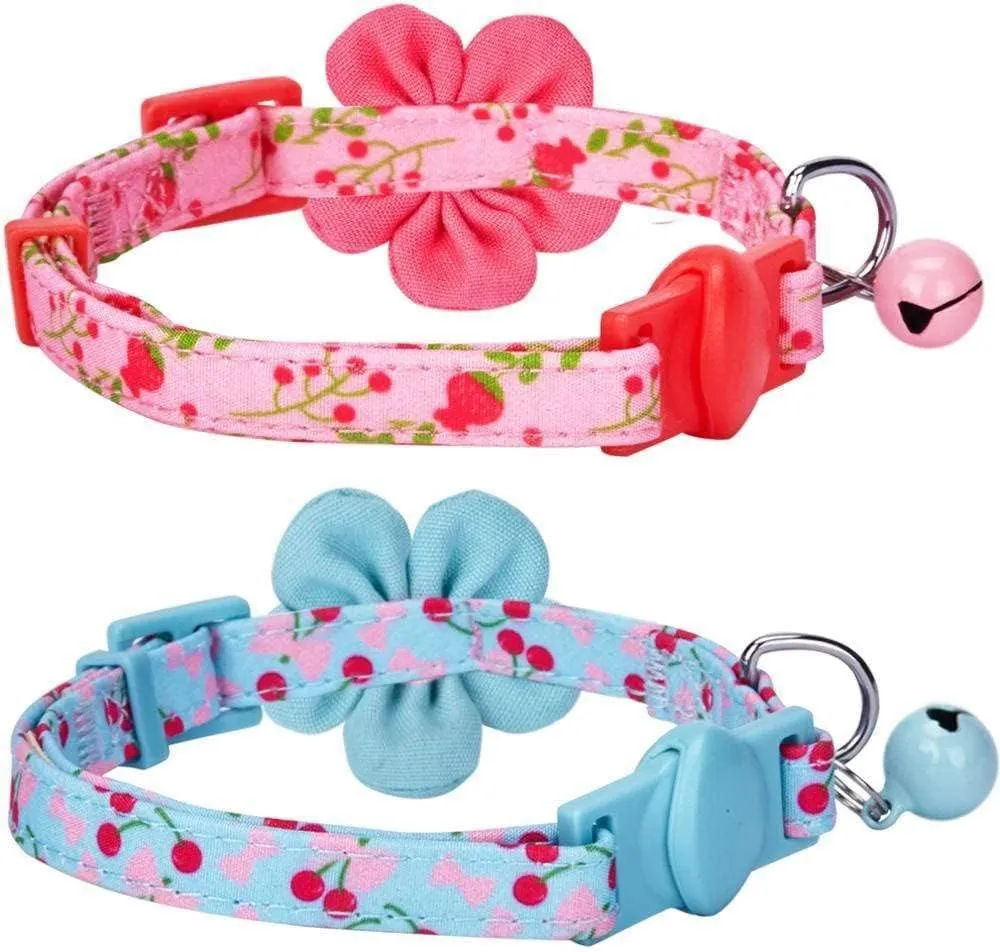 Blueberry Pet Pack of 2 Cat Collars, Lovely Cherry and Floral Prints Adjustable Breakaway Cat Collar with Flower & Bell, Neck 9"-13"