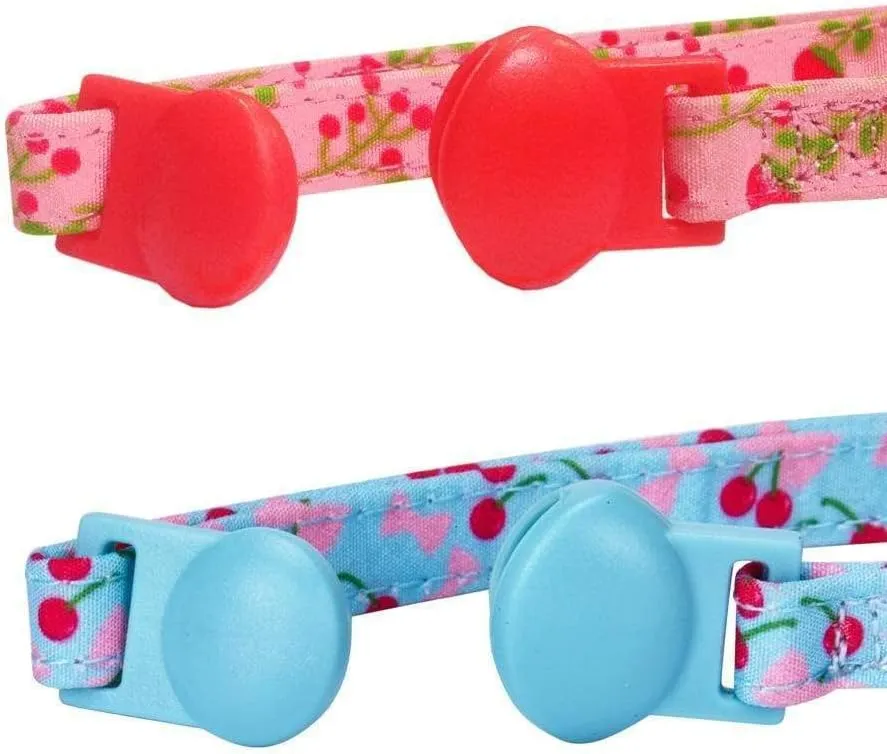 Blueberry Pet Pack of 2 Cat Collars, Lovely Cherry and Floral Prints Adjustable Breakaway Cat Collar with Flower & Bell, Neck 9"-13"