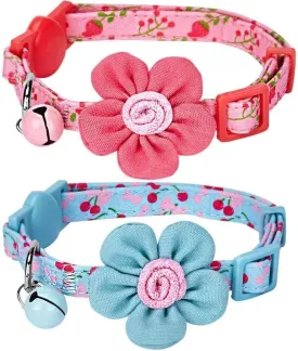 Blueberry Pet Pack of 2 Cat Collars, Lovely Cherry and Floral Prints Adjustable Breakaway Cat Collar with Flower & Bell, Neck 9"-13"