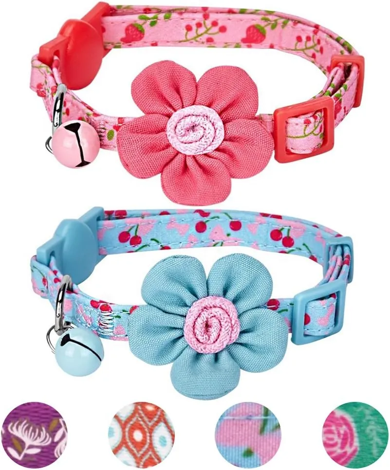 Blueberry Pet Pack of 2 Cat Collars, Lovely Cherry and Floral Prints Adjustable Breakaway Cat Collar with Flower & Bell, Neck 9"-13"