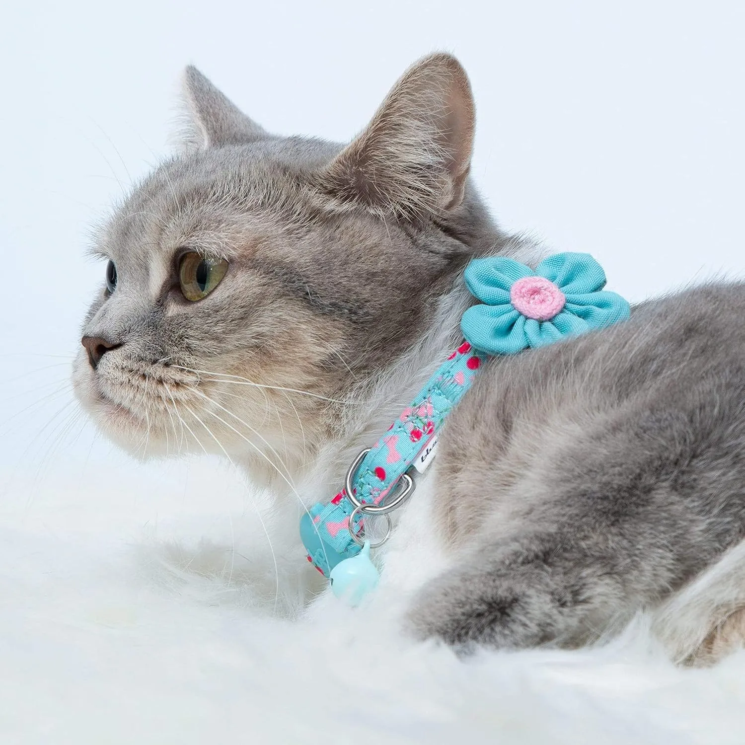 Blueberry Pet Pack of 2 Cat Collars, Lovely Cherry and Floral Prints Adjustable Breakaway Cat Collar with Flower & Bell, Neck 9"-13"