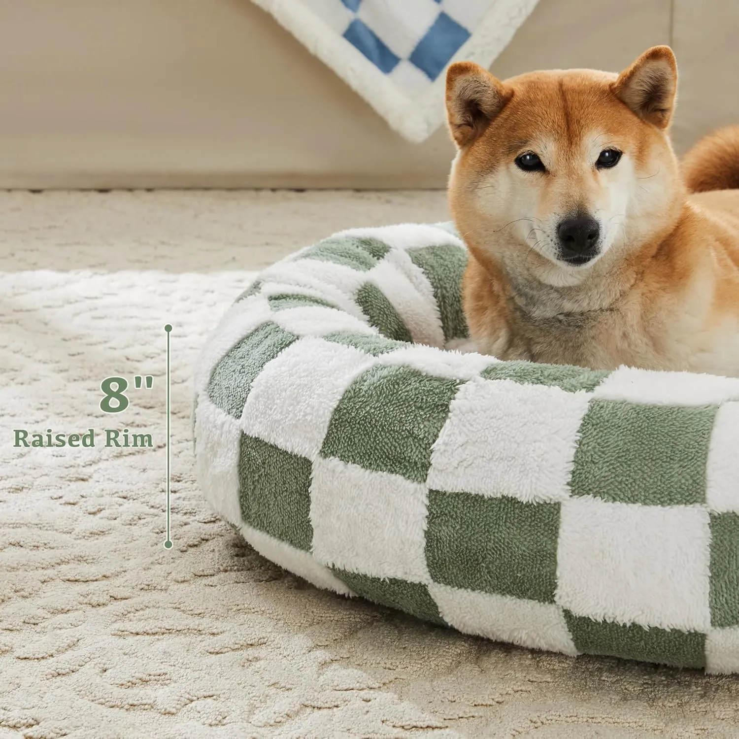 Checkered Cat Dog Bed, Cute Sage Green Retro Style Aesthetic Round Warming Pet Calming Beds for Small Dog and Cats, Plush Cozy Donut Beds Washable, 23" L x 23" W x 8" Th