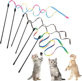 cobee 6 Packs Cat Wand Toy Set, 30cm Cat Interactive Wand with 60cm Rainbow Ribbon String  Rainbow Cloth String   Leopard Print Cloth String for Pet Kitten Training Exerciser Kitten Catcher(6 Pcs)
