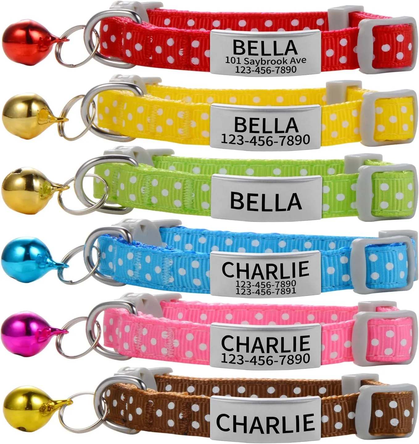 Custom Breakaway Cat Collars with Bell - Engraved Stainless Steel No Noise Slide-On Identification Tags On Collar - Up to 3 Lines of Personalized Text (Polka Dot Print)