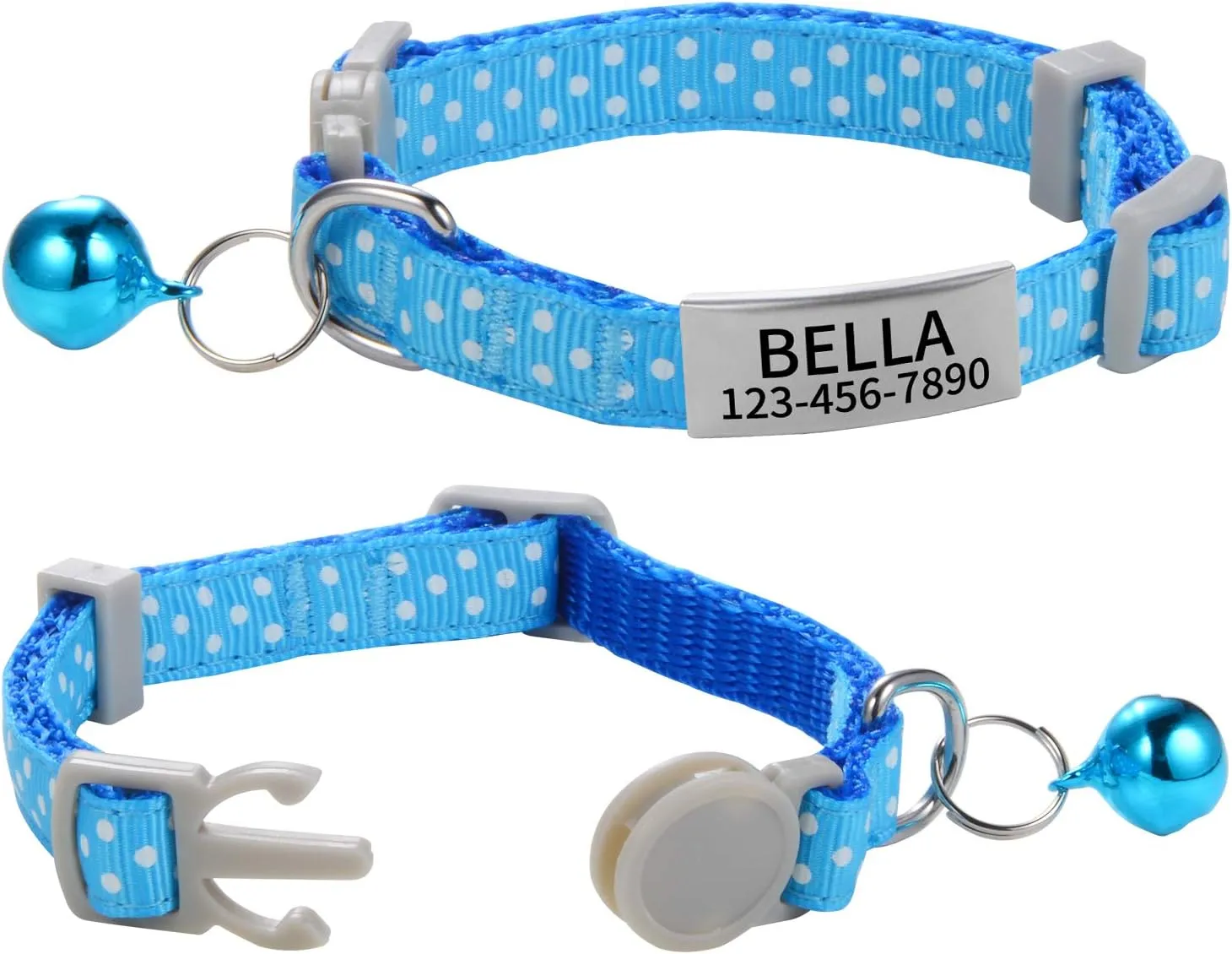 Custom Breakaway Cat Collars with Bell - Engraved Stainless Steel No Noise Slide-On Identification Tags On Collar - Up to 3 Lines of Personalized Text (Polka Dot Print)