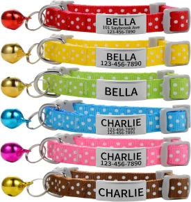 Custom Breakaway Cat Collars with Bell - Engraved Stainless Steel No Noise Slide-On Identification Tags On Collar - Up to 3 Lines of Personalized Text (Polka Dot Print)
