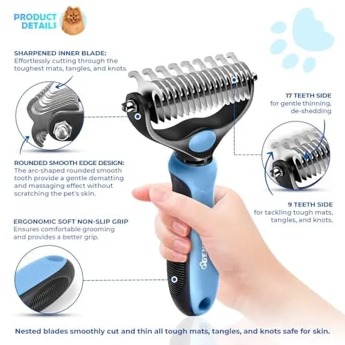 Dematting Comb with Extra Wide Double-Sided Stainless Steel Teeth for Detangling