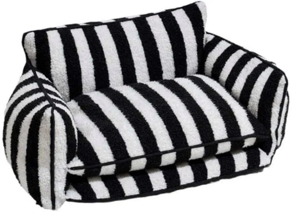 Dog Bed Sofa with Faux Sherpa Material, 3-Sided Sofa Bed Design, Premium Pillow Cushions, Calming Comfort Pet Beds, Deep Sleep Bed, Plush Dog Bed, Black and White Striped Pet Bed (Large)