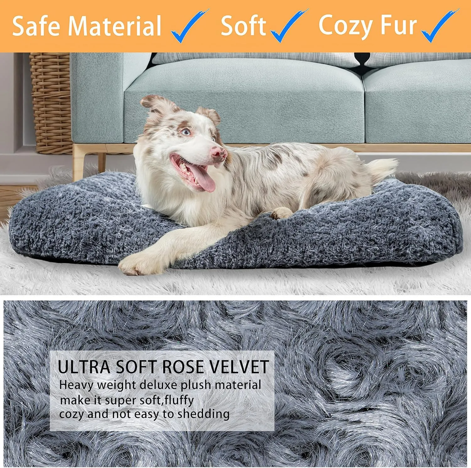 Dog Beds Crate Pad for Medium, Large Dogs, Deluxe Rose Plush Cat Sleeping Mats, Fits Crate Kennel Cage, Anti-Slip Pets Pillow, Washable Ultra Soft Fluffy Dog Bed for Crate (35"x23"Dark Grey)