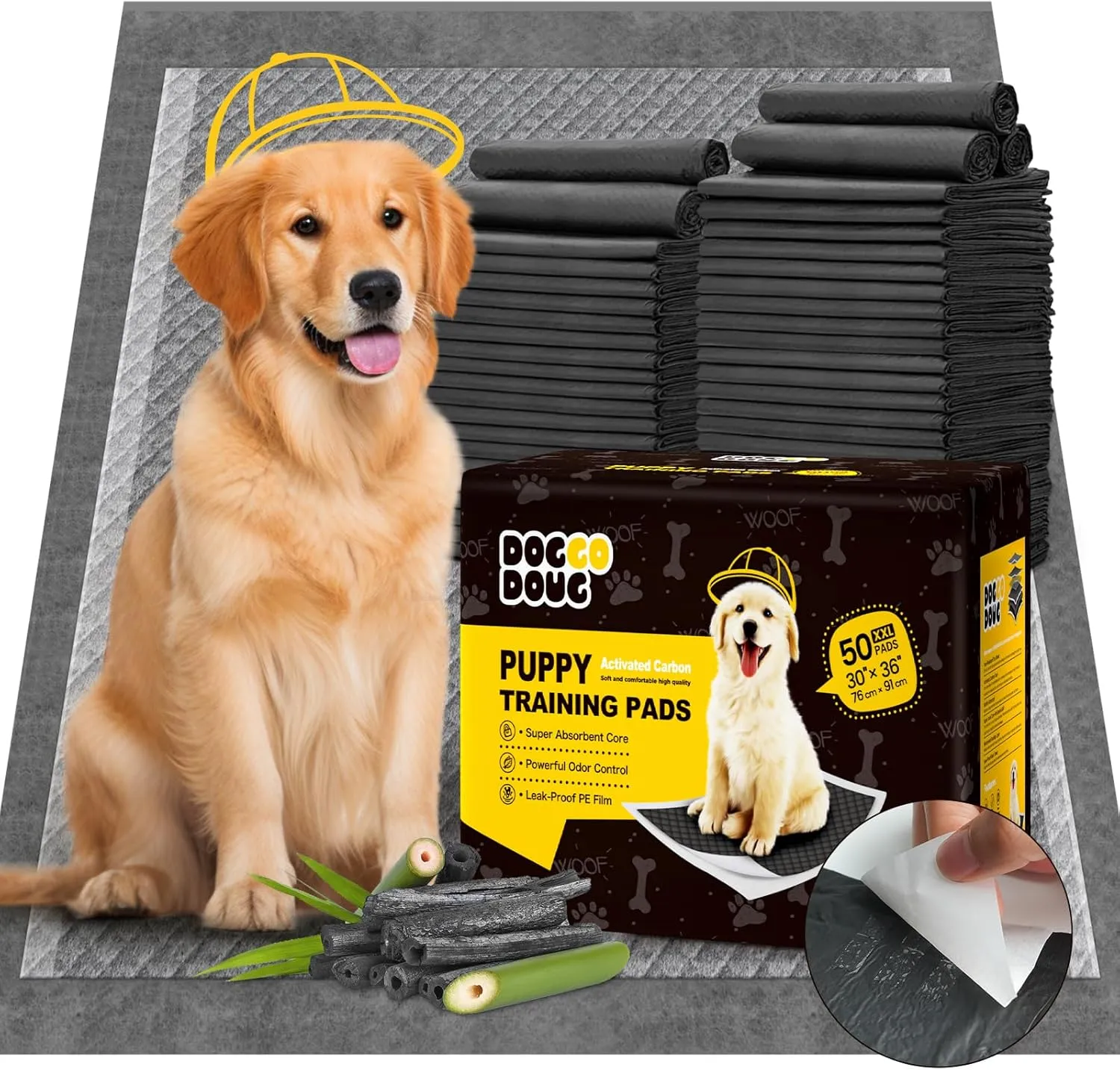 Dog Pee Pads for Dogs XXL 30"x36" Charcoal Puppy Pads 50 Counts Extra Large Disposable Activated Carbon Super Absorbent Full Edge-Wrapping Odor-Control Training Pads with Adhesive Tabs