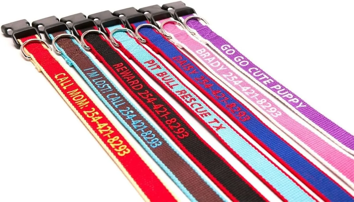 ECO Friendly Bamboo Personalized Embroidered Dog Collar - Custom Text with Pet Name and Phone Number - Multiple Collar and Thread Colors and Sizes