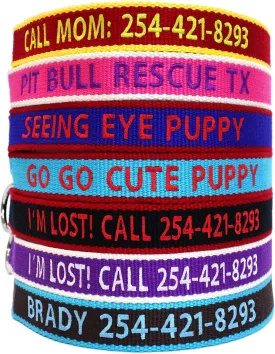 ECO Friendly Bamboo Personalized Embroidered Dog Collar - Custom Text with Pet Name and Phone Number - Multiple Collar and Thread Colors and Sizes