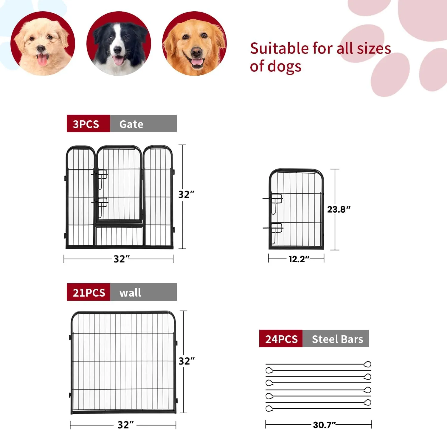 FDW Dog Playpen Dog Pen Dog Kennel 24 Panels 32 Inch Height Indoor Outdoor Folding Metal Portable Puppy Exercise Pen Heavy Duty Dog Fence for Yard Camping,Black