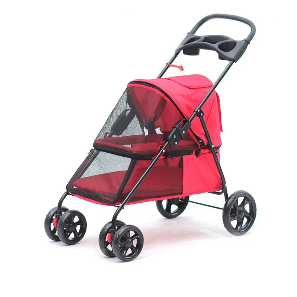 Foldable Cat Dog Pram Buggy Trolley with Front Swivel Wheels, for Medium Small Pet, Max Loading 15kg