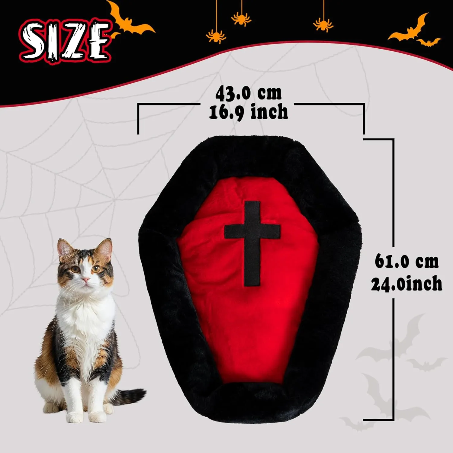 Gothic Cat Beds Fits up to 25 lbs, Washable Coffin Cat Bed, Goth Pet Bed, Halloween House 24 * 16.9 Inch, Red & Black Small