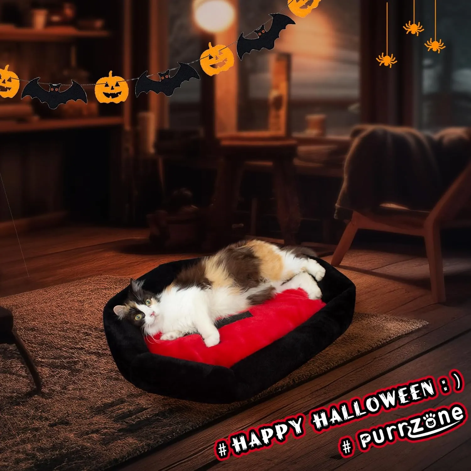 Gothic Cat Beds Fits up to 25 lbs, Washable Coffin Cat Bed, Goth Pet Bed, Halloween House 24 * 16.9 Inch, Red & Black Small