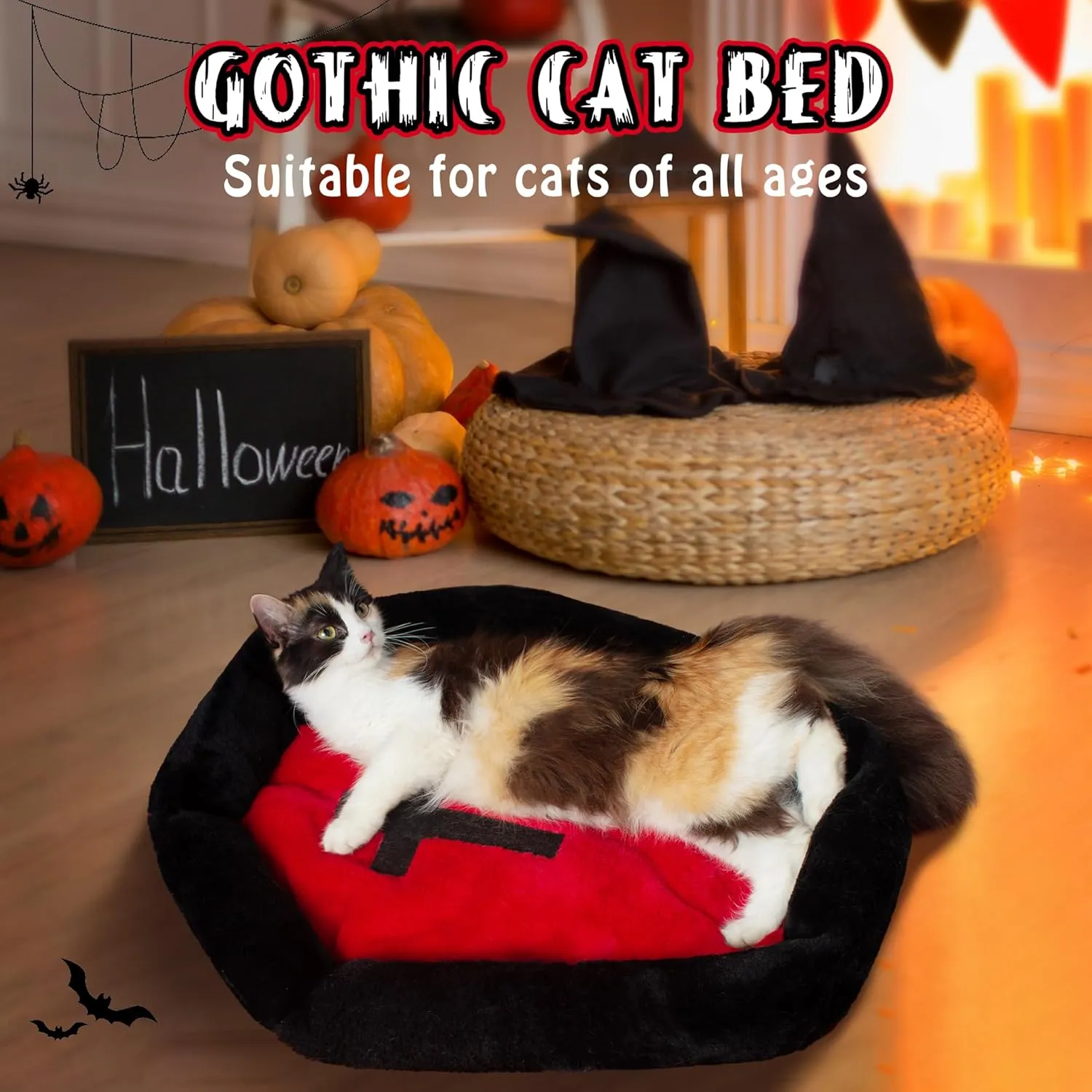 Gothic Cat Beds Fits up to 25 lbs, Washable Coffin Cat Bed, Goth Pet Bed, Halloween House 24 * 16.9 Inch, Red & Black Small