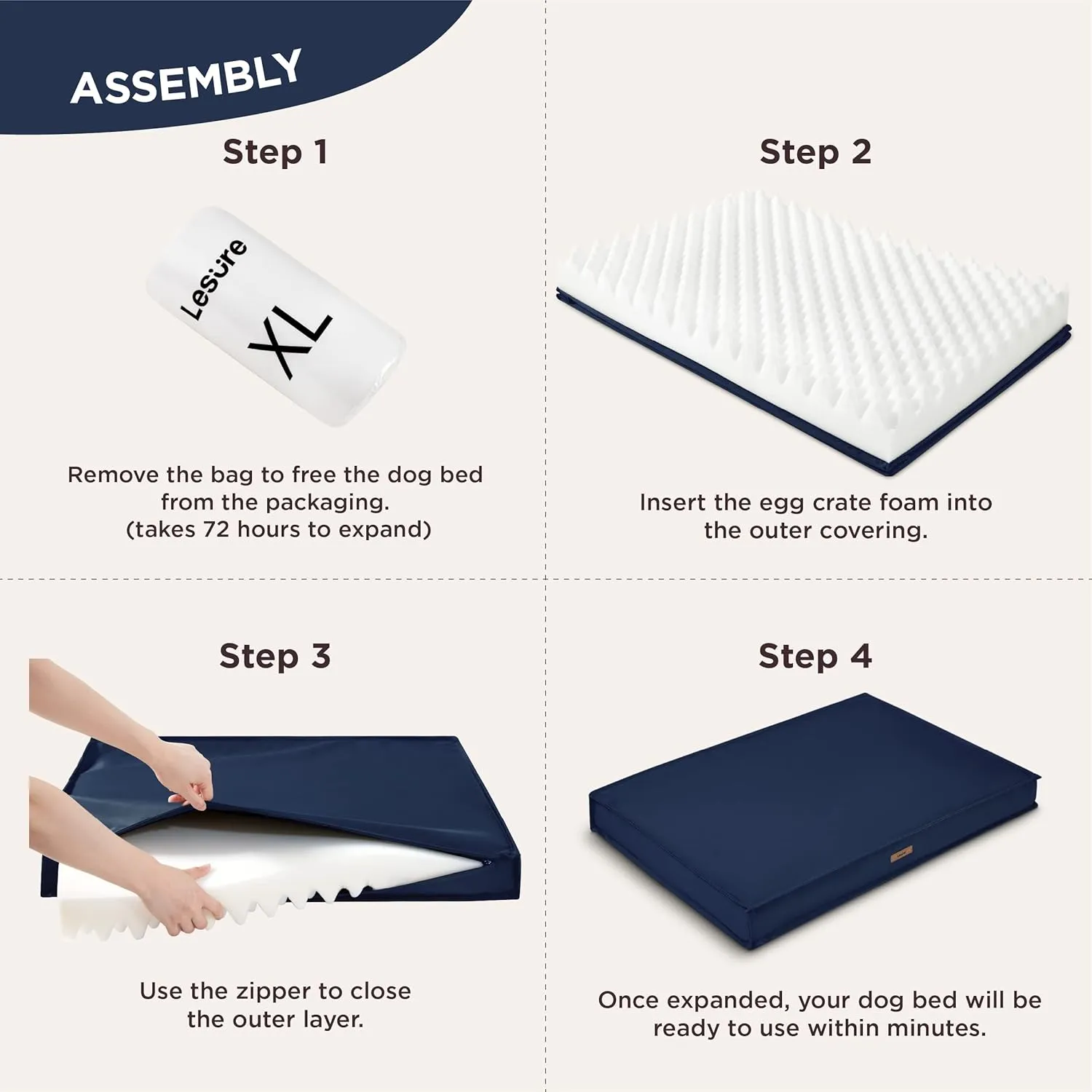 Lesure Outdoor Waterproof Dog Bed for Crate, Orthopedic Egg Crate Foam Pet Bed with Oxford Fabric Surface and Removable and Durable Cover, Machine Washable, 35''x22'', Navy