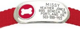 LuckyPet Bone Jewelry Collar Tag for Dogs and Cats, Custom Engraved, Durable, Quiet and Chew Proof, Attaches Flat to Any Collar, Small-Red-Bone