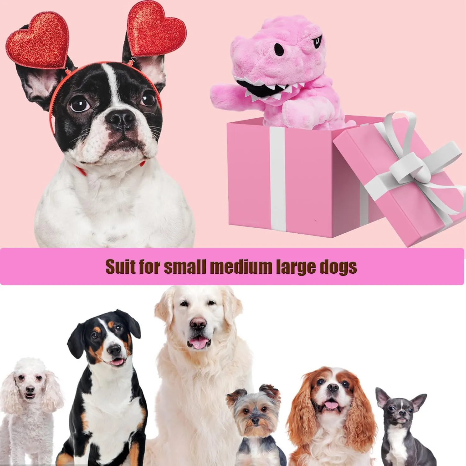 LWBMG Squeaky Dog Toys Stuffed Dog Toys Cute Dinosaur Plush Dog Toy with Crinkle Paper Durable Dog Chew Toys for Small, Middle and Large Dogs Pink