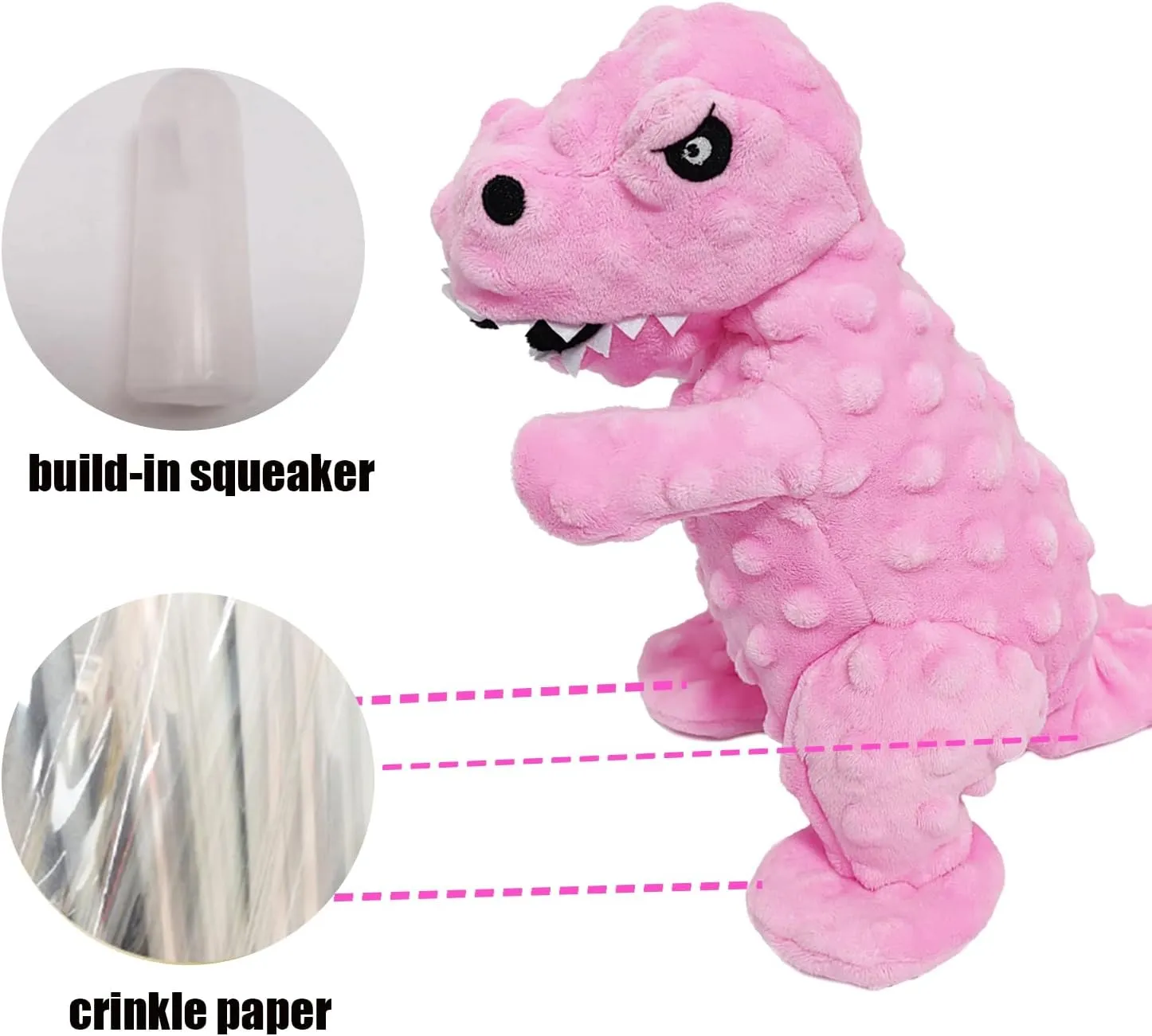 LWBMG Squeaky Dog Toys Stuffed Dog Toys Cute Dinosaur Plush Dog Toy with Crinkle Paper Durable Dog Chew Toys for Small, Middle and Large Dogs Pink
