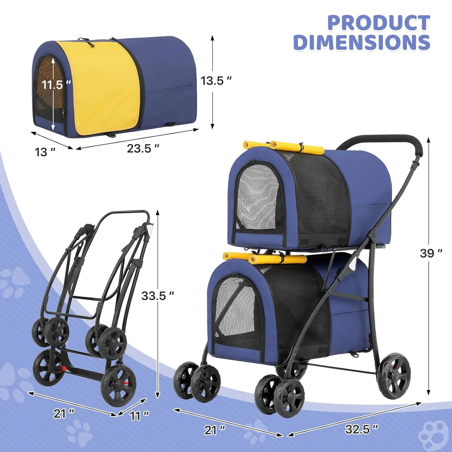 Magshion Double Dog Stroller with 2 Detachable Carrier Bags, 4-Wheel Folding Pet Travel Strolling Cart with Storage Pocket for Small-Medium Dogs & Cats Puppy, Navy Blue/Yellow