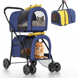 Magshion Double Dog Stroller with 2 Detachable Carrier Bags, 4-Wheel Folding Pet Travel Strolling Cart with Storage Pocket for Small-Medium Dogs & Cats Puppy, Navy Blue/Yellow
