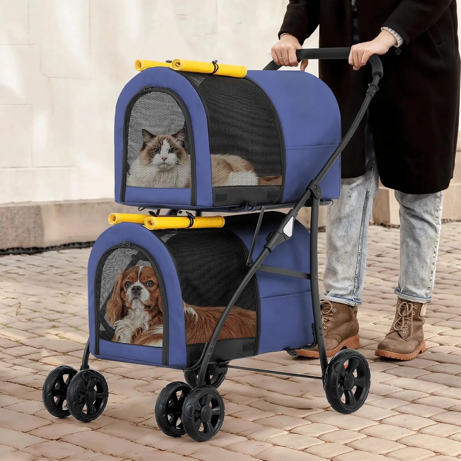 Magshion Double Dog Stroller with 2 Detachable Carrier Bags, 4-Wheel Folding Pet Travel Strolling Cart with Storage Pocket for Small-Medium Dogs & Cats Puppy, Navy Blue/Yellow