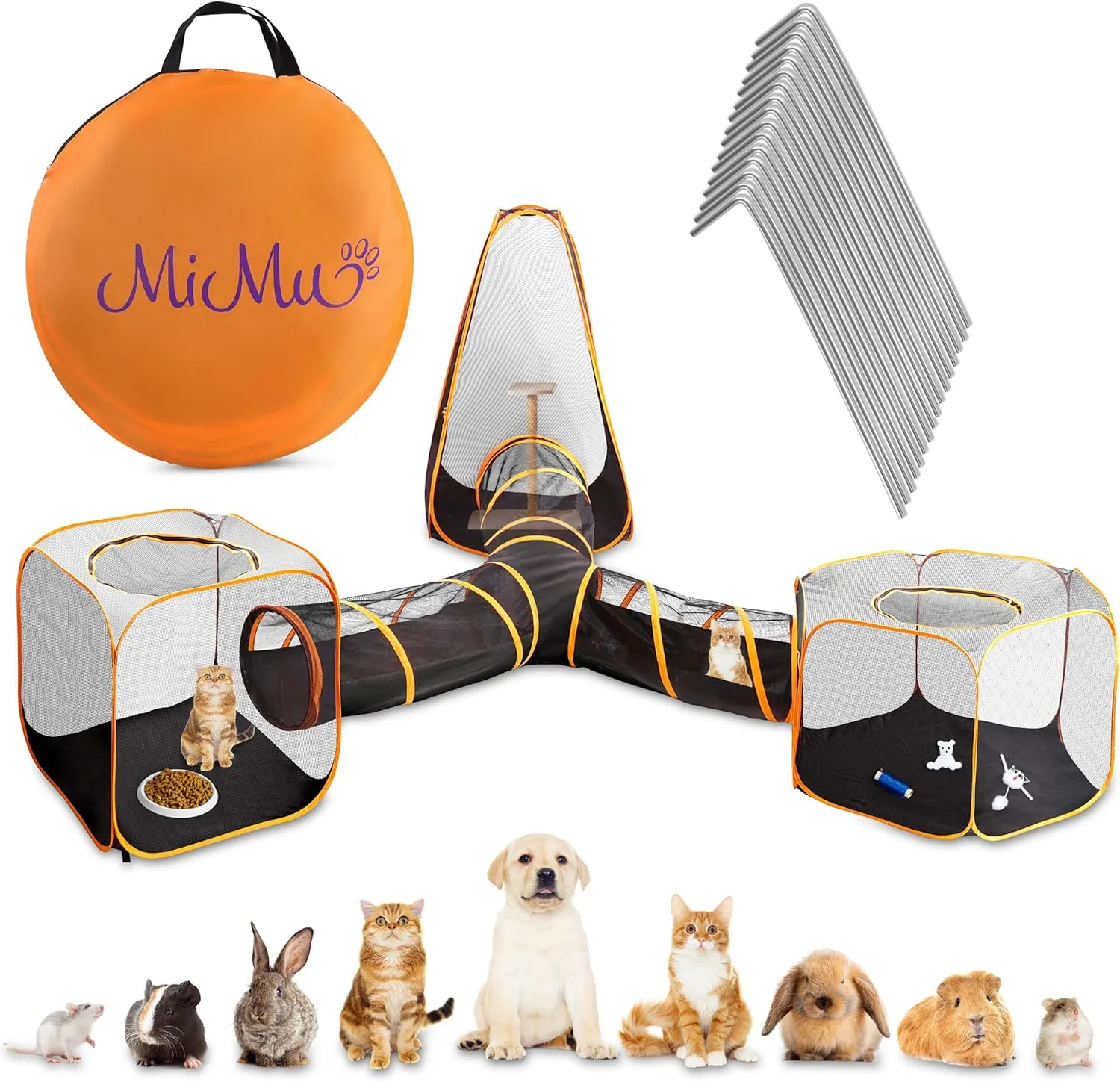 MiMu Dog Playpen Indoor Outdoor 4 in 1 Cat Tent with Exercise Tunnel - Pop Up Travel Playpen for Puppies, Kittens, Rabbits, Guinea Pigs, and Small Pets - Portable Enclosed Mesh Pet Pen with Case