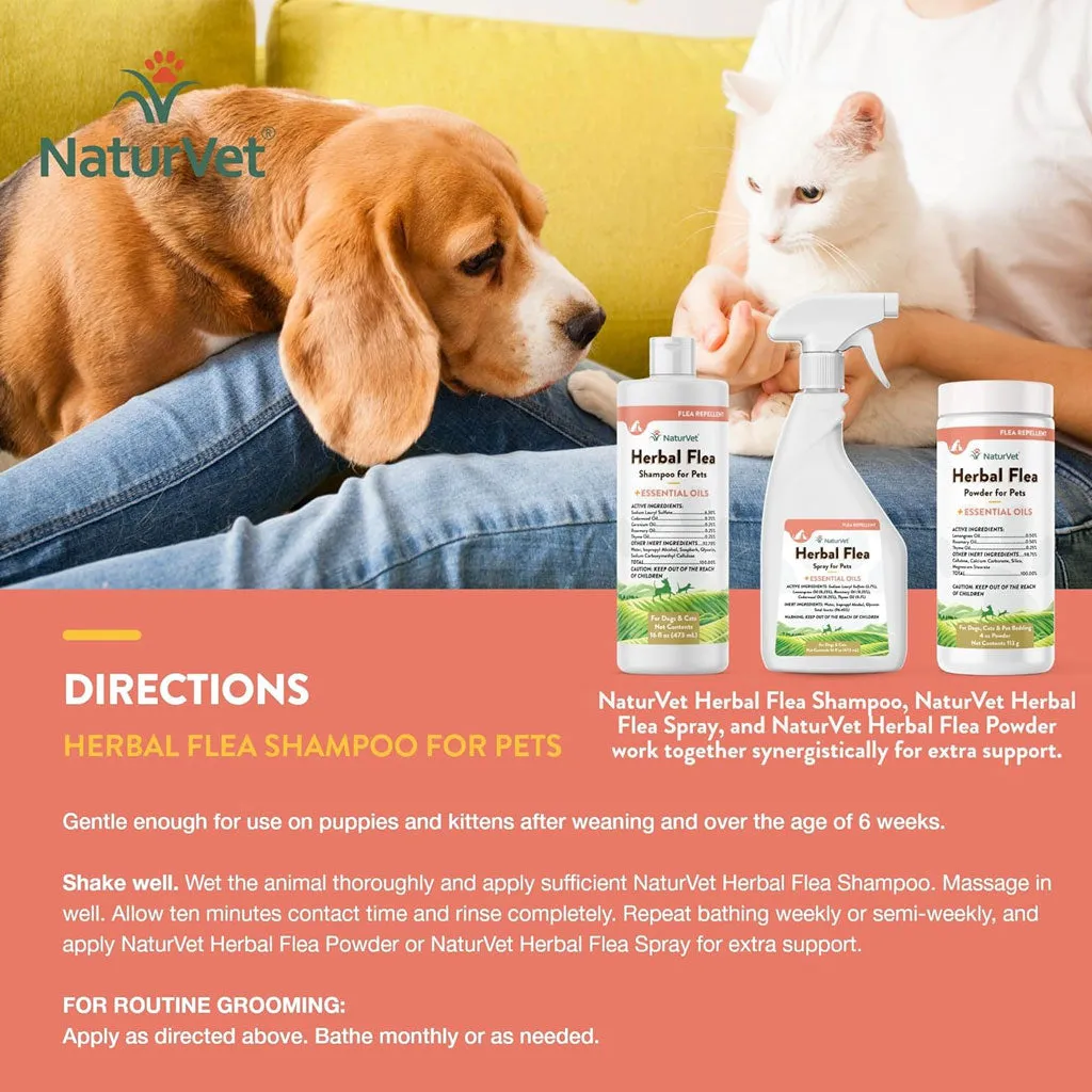 NaturVet Herbal Flea Shampo for Pets Plus Essential Oils for Dogs & Cats, 16-oz