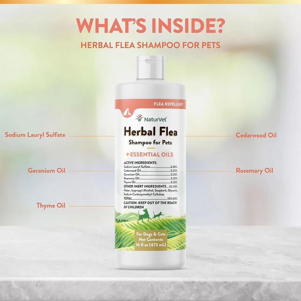 NaturVet Herbal Flea Shampo for Pets Plus Essential Oils for Dogs & Cats, 16-oz