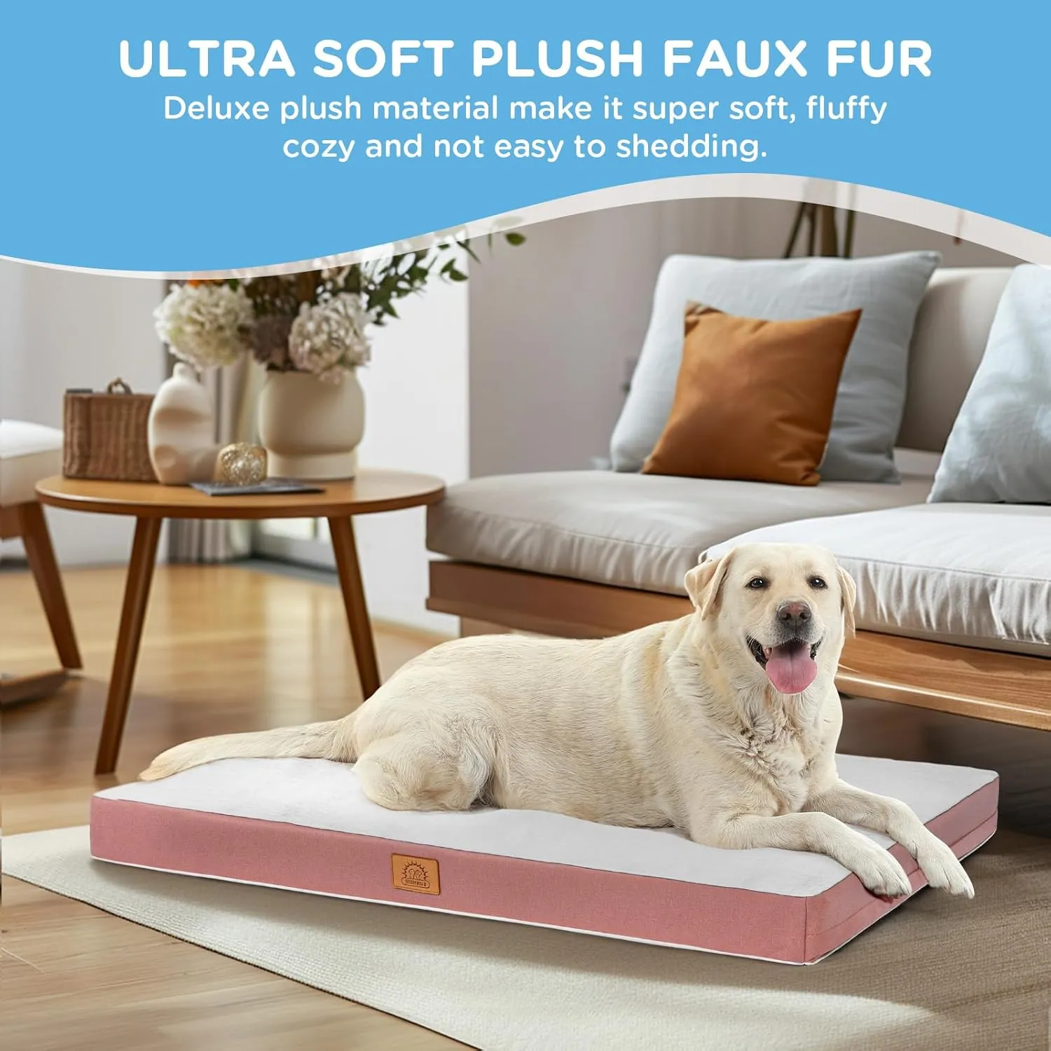 Orthopedic Dog Bed for Extra Large Dogs, XXL Waterproof Deluxe Plush Dog Crate Bed with Removable Washable Cover & Anti-Slip Bottom, Egg Crate Foam Pet Bed Mat, 44 x 32 Inches, Pink