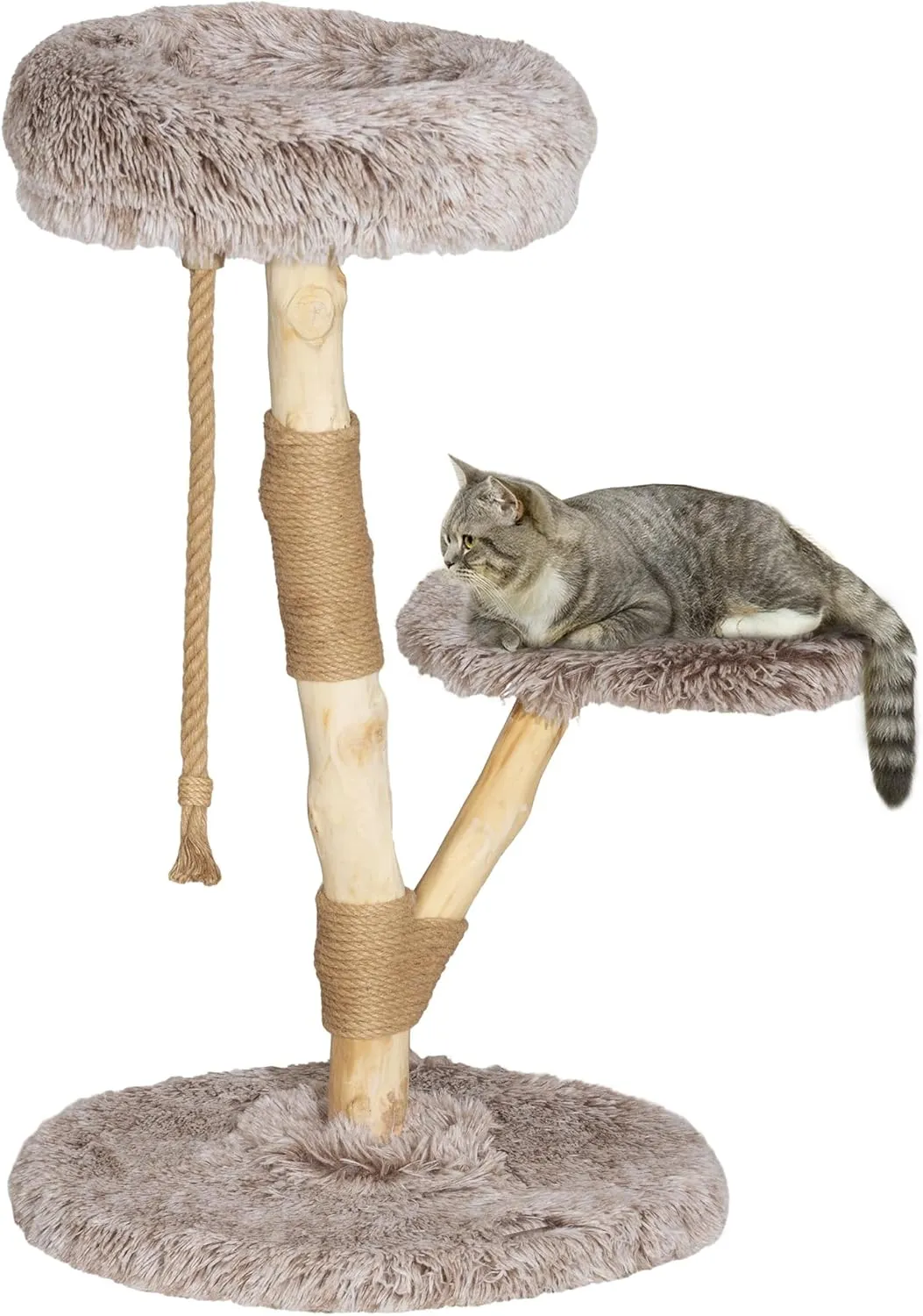 PawHut Cat Tree Tower, 35 Inch Modern Cat Tree for Indoor Adult Cats with Wooden Natural Branch Scratching Posts, Cat Bed & Rope Cat Toy, Brown