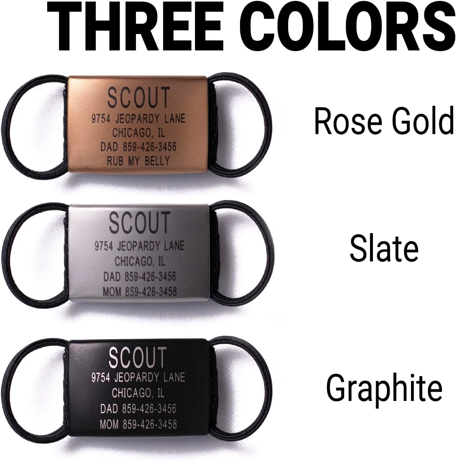 Personalized Dog Tags by ROAD iD | Silent & Durable | Jingle-Free Slide-On Design | Stainless Steel Name Tag Fits Any Collar | Multiple Colors & Sizes for Your Pet's Unique Style