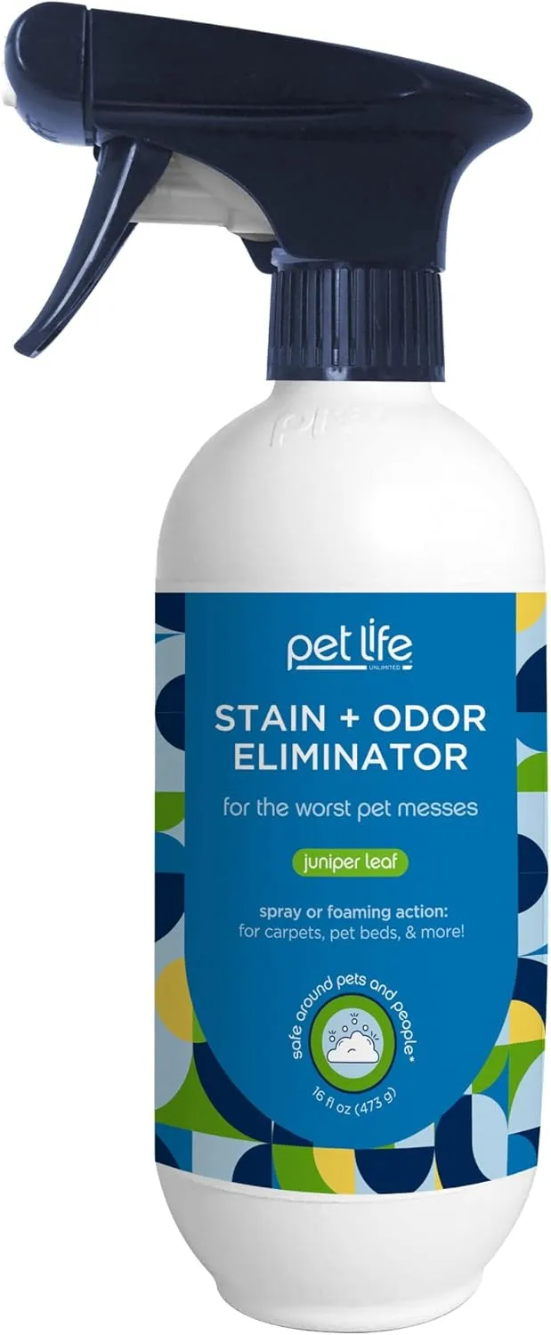 Pet Life Unlimited Foaming Stain   Odor Eliminator Spray Cleaner - Plant-Based Stain Removal - Two-Way Spray Applicator - Natural Juniper Leaf Scent - Made in the USA - 16 Ounce (Pack of 1)